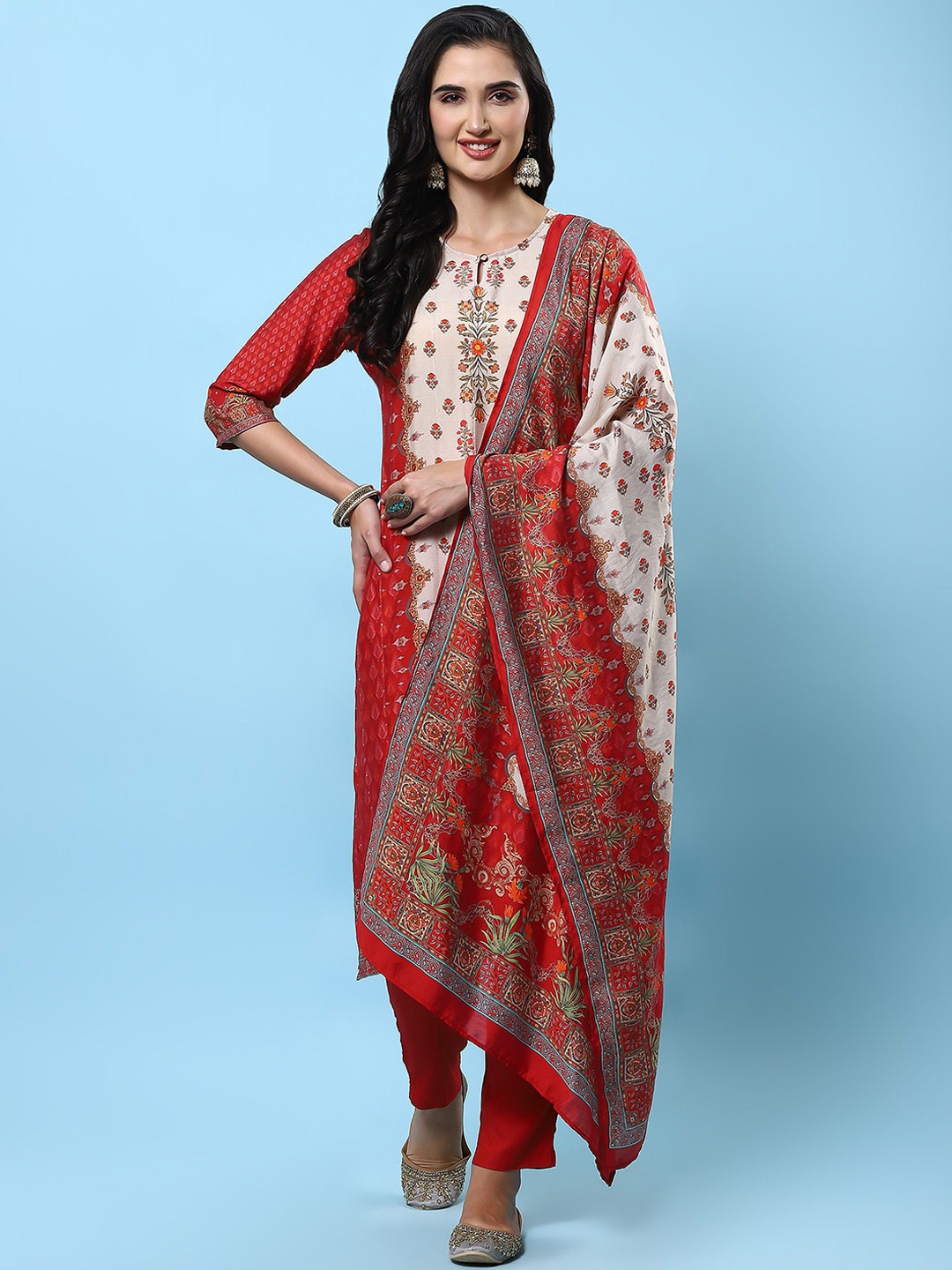 

Shree Ethnic Motifs Printed Regular Straight Kurta with Trousers & Dupatta, Red