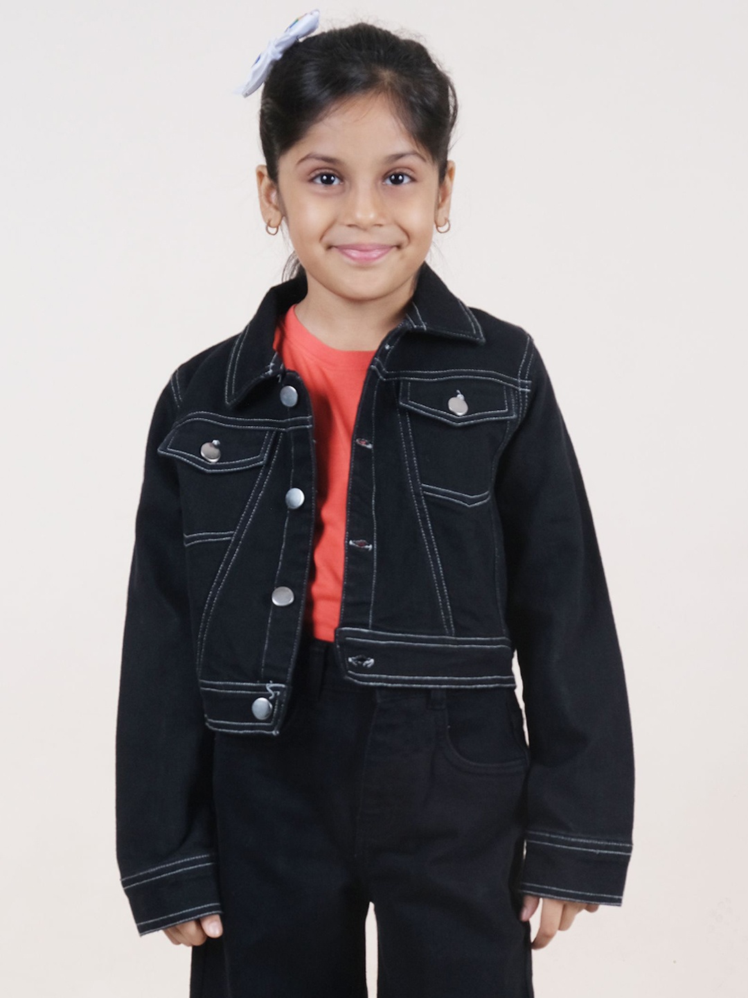 

KiddoPanti Girls Solid Denim Jacket with Patchwork, Black