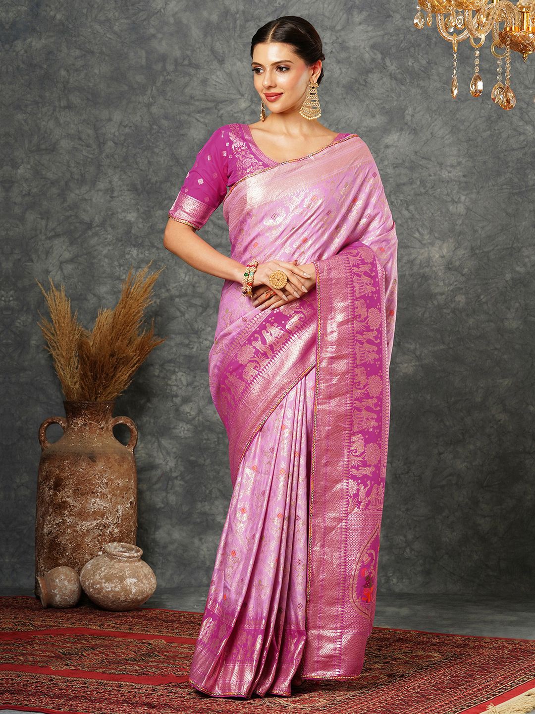 

Satrani Woven Design Zari Banarasi Saree, Pink