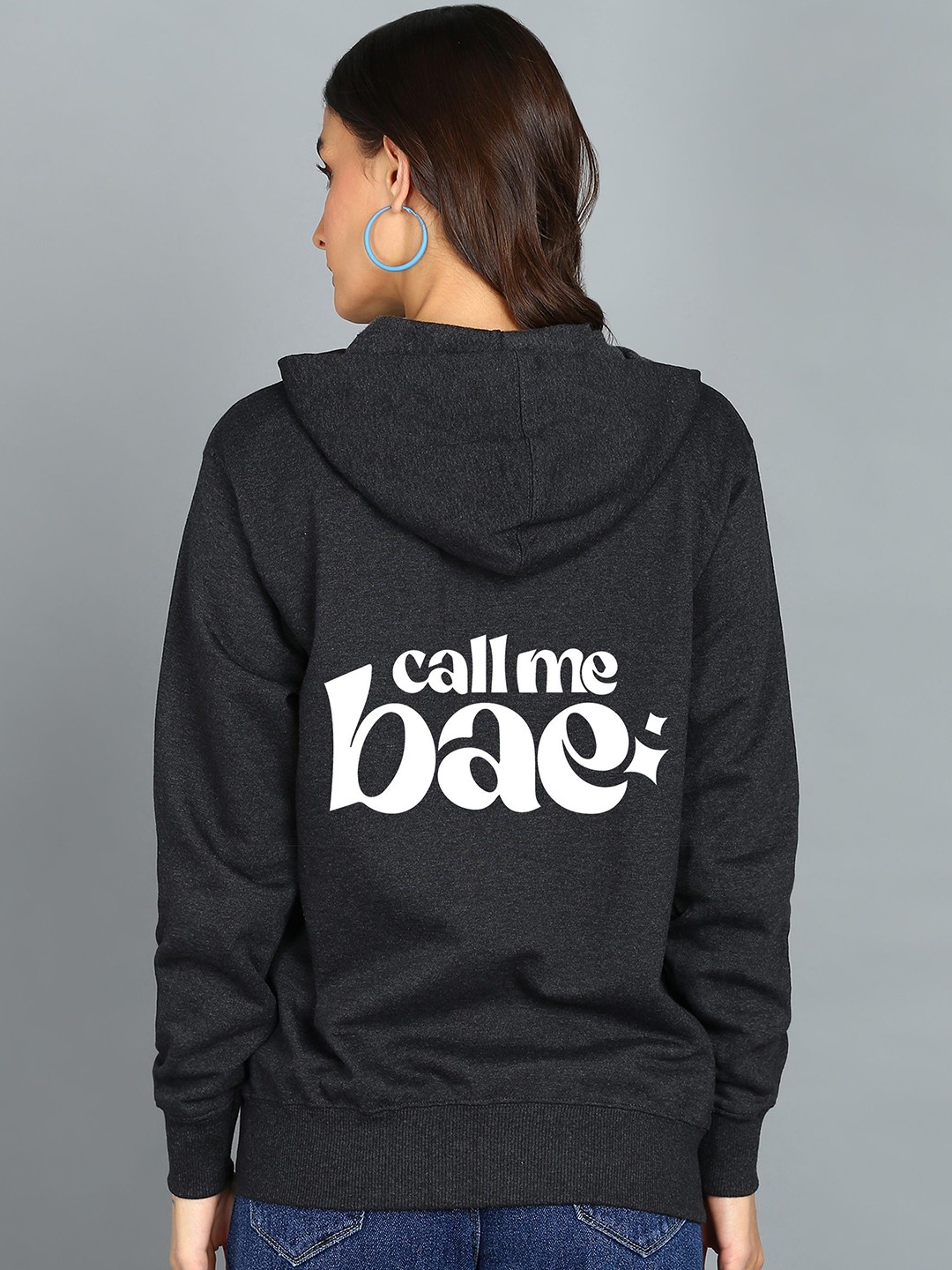 

FALTU.CO Women Printed Zip Detail Hooded Cotton Sweatshirt, Charcoal