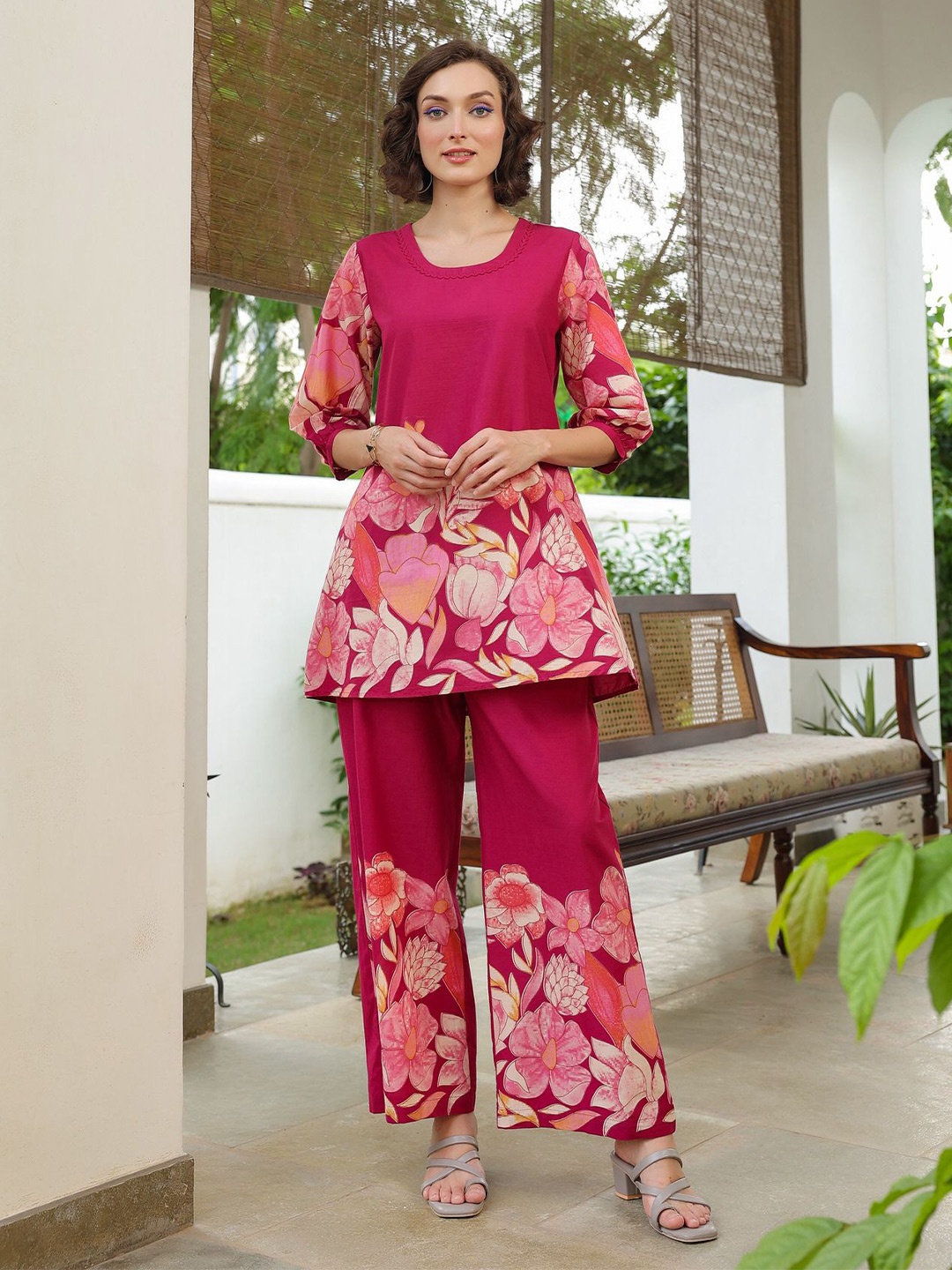 

JISORA Printed Pure Cotton Tunic With Trousers, Pink