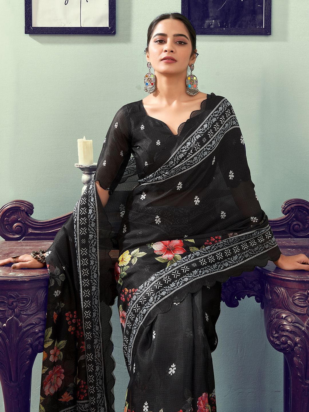 

all about you Floral Printed Ready to Wear Saree, Black