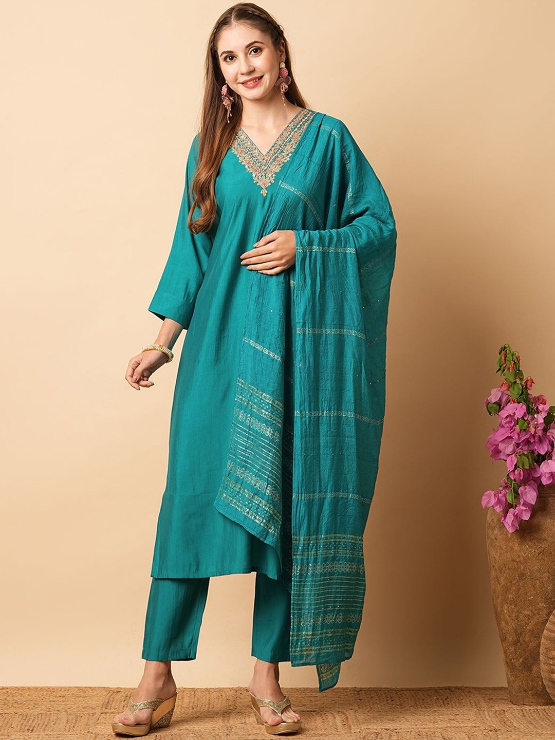 

NIZA FASHION Embroidered Chanderi Silk Straight Kurta with Trousers & With Dupatta, Turquoise blue