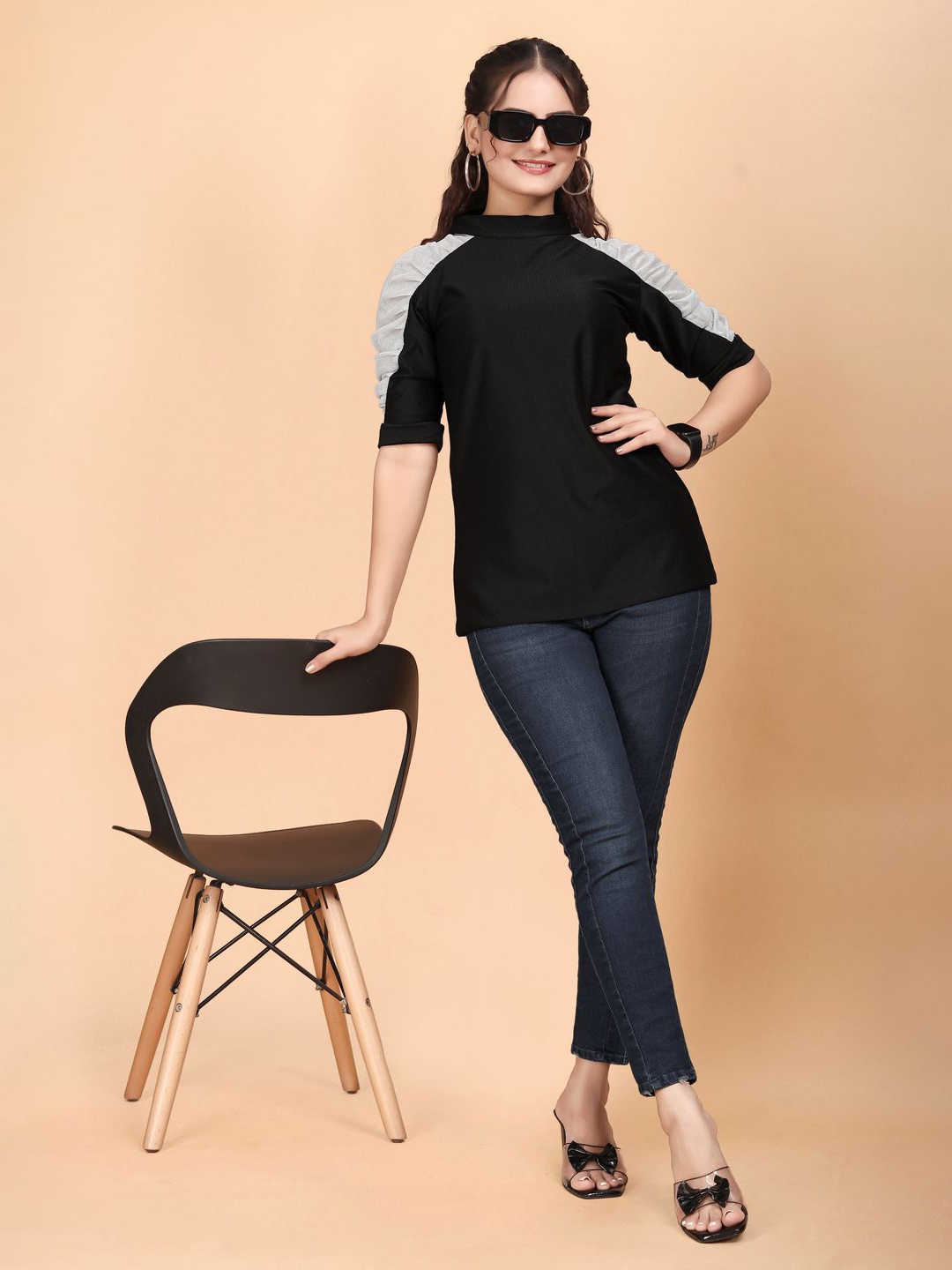 

ANJAVI FASHION Women Solid Round Neck Top, Black