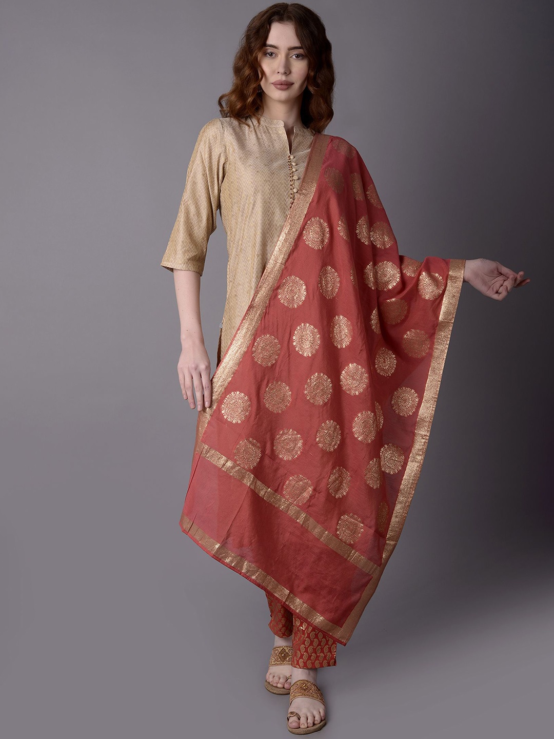 

Shree Geometric Woven Design Chanderi Silk Straight Kurta & Trousers With Dupatta, Beige