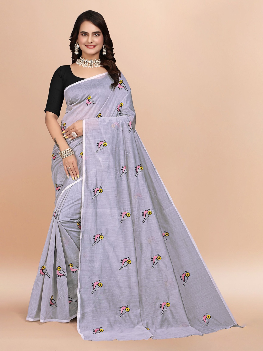 

APNISHA Ethnic Motifs Embroidered Pure Cotton Chanderi Saree, Grey