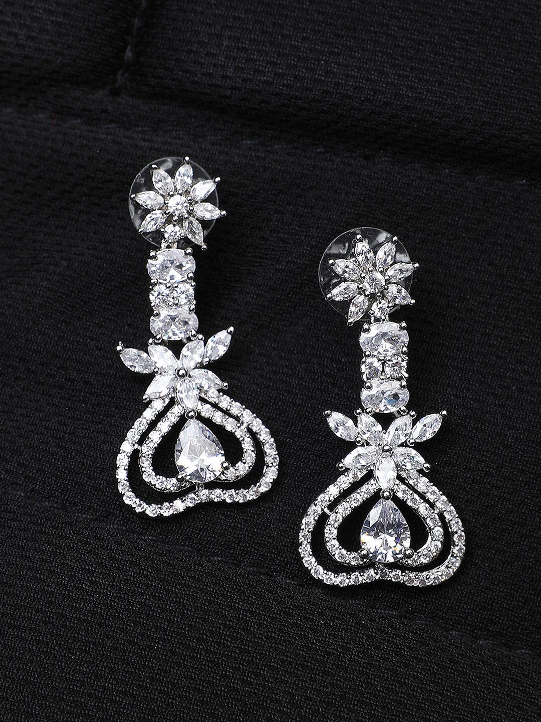 

ANIKAS CREATION Silver-Plated AD Studded Contemporary Drop Earrings