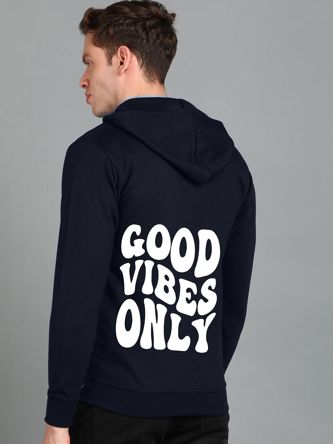 

FALTU.CO Men Typography Printed Zip Detail Hooded Sweatshirt, Navy blue