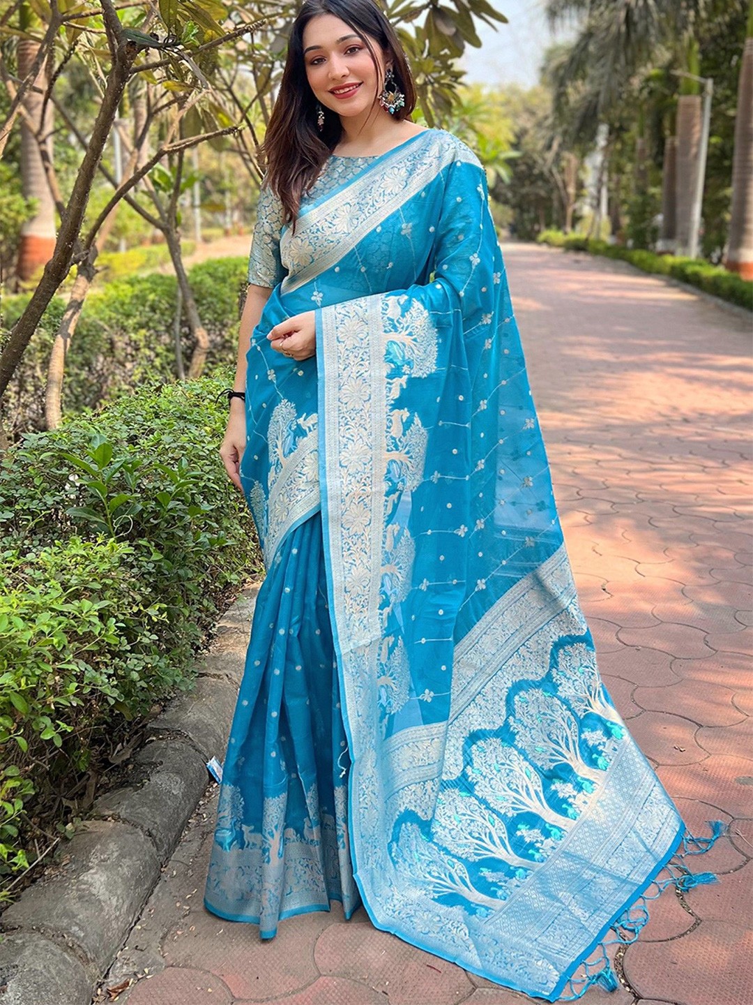 

Mitera Organza Zari Woven Saree, Blue