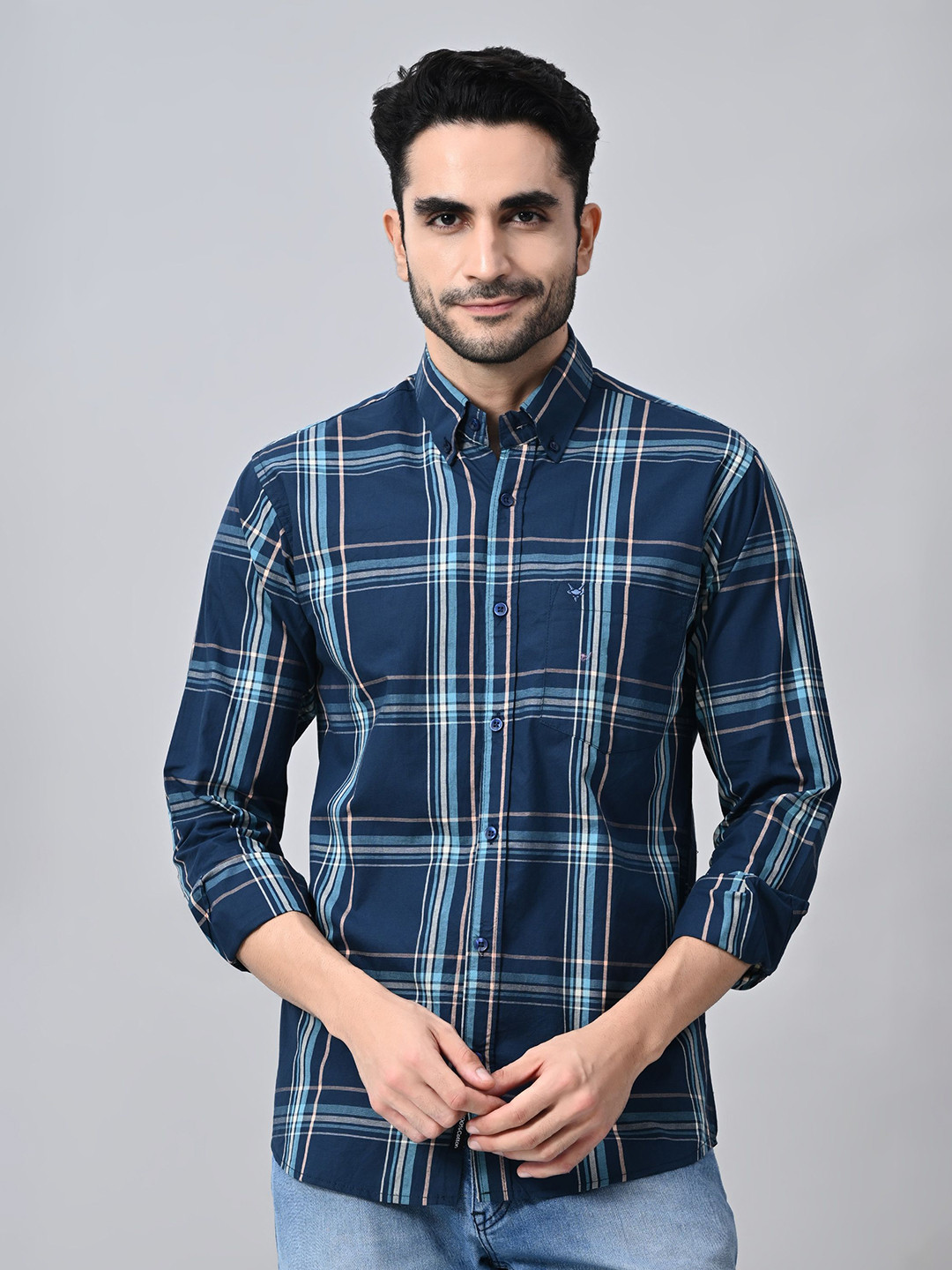 

STARFOX Men Comfort Spread Collar Checked Cotton Formal Shirt, Navy blue