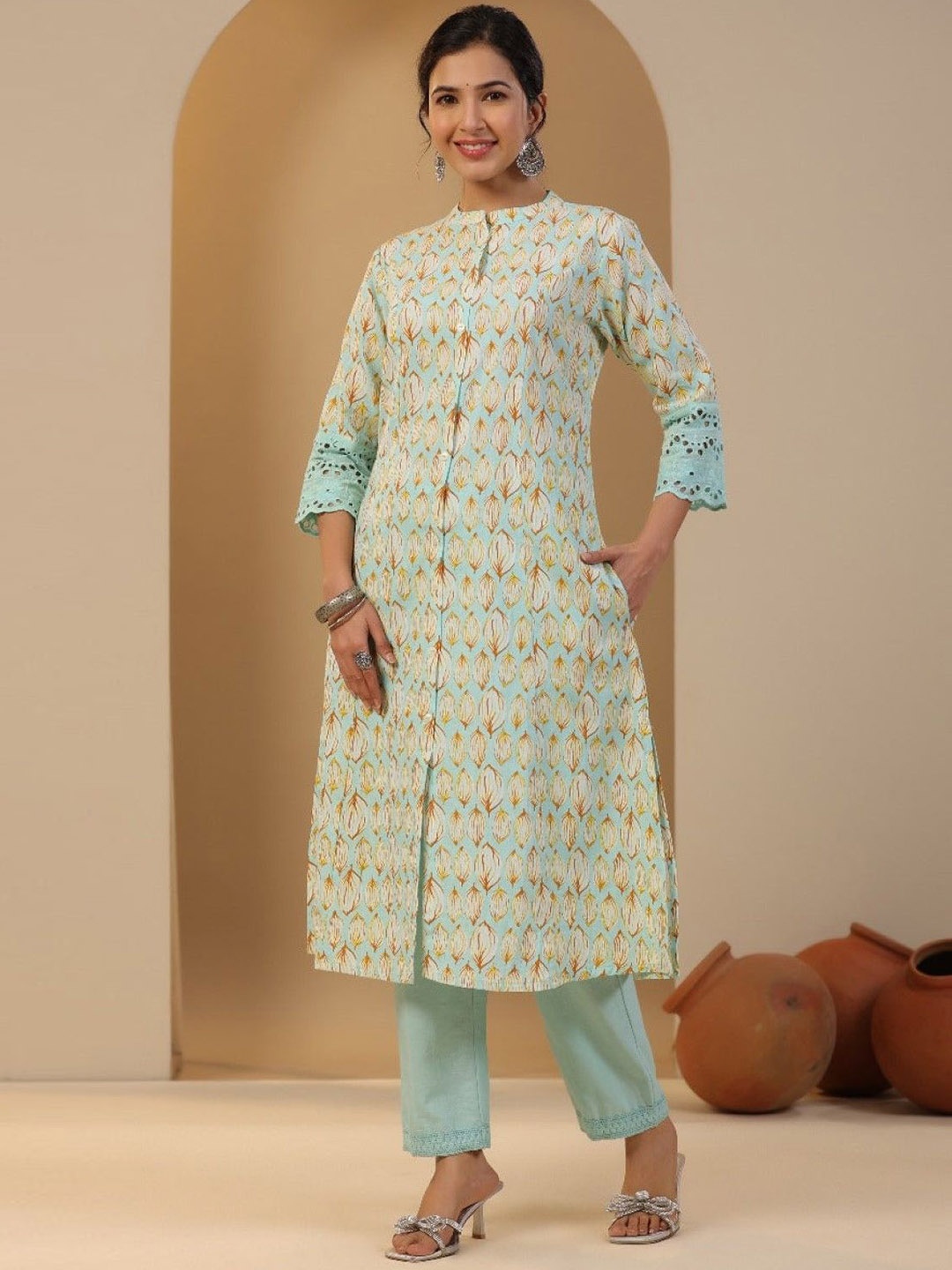 

AUTUMN LANE Floral Printed Band Collar Pure Cotton A-Line Kurta With Trouser, Green