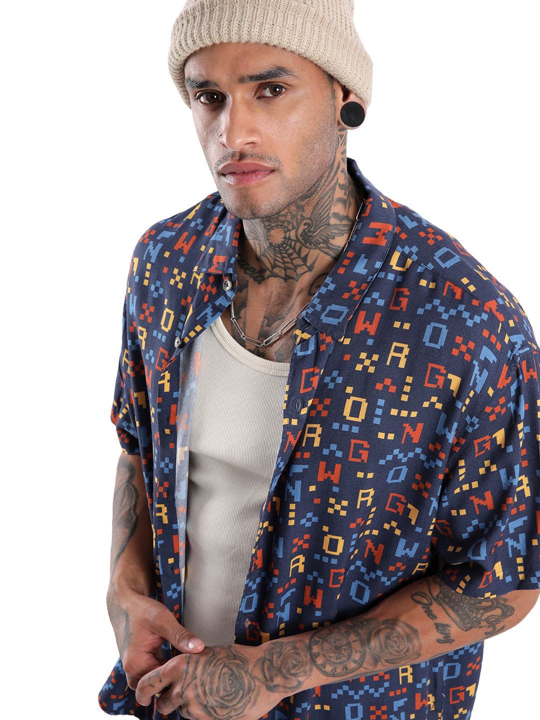 

WROGN Men Spread Collar Conversational Printed Relaxed Fit Casual Shirt, Navy blue