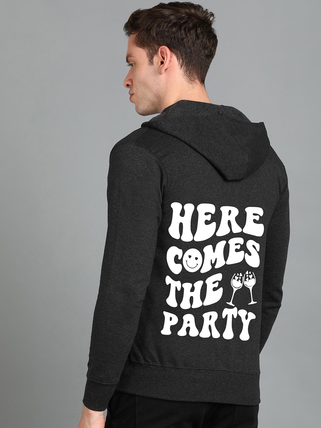 

FALTU.CO Men Printed Zip Detail Hooded Cotton Sweatshirt, Charcoal