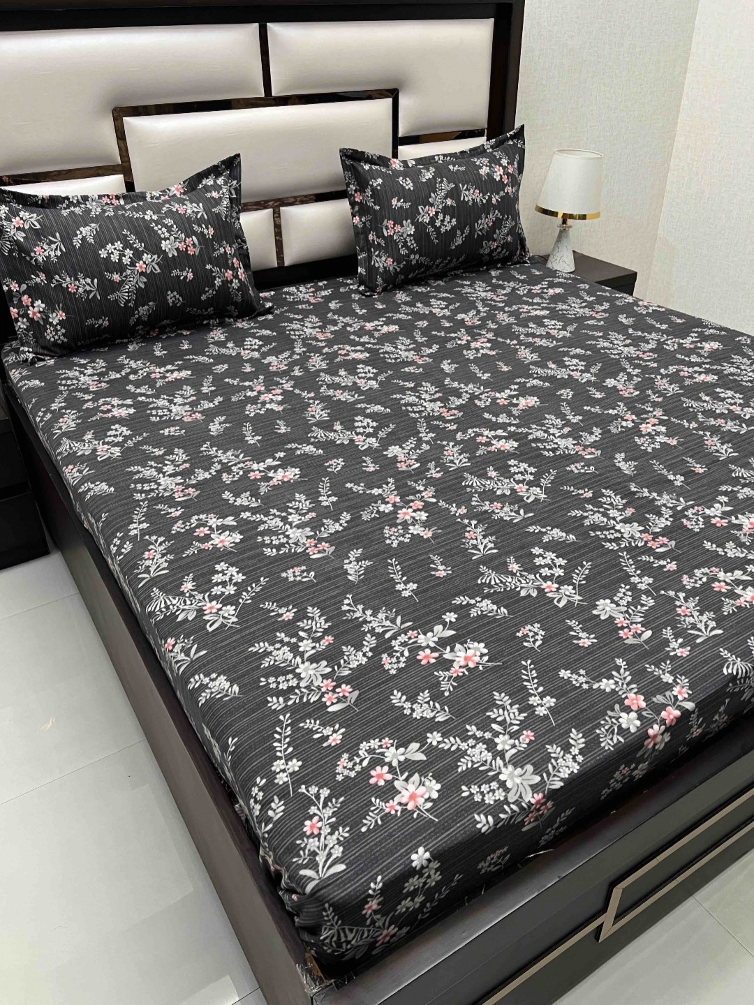 

Pure Decor Amulya Black & Pink Printed 300 TC Microfiber Double Queen Bedsheet Set