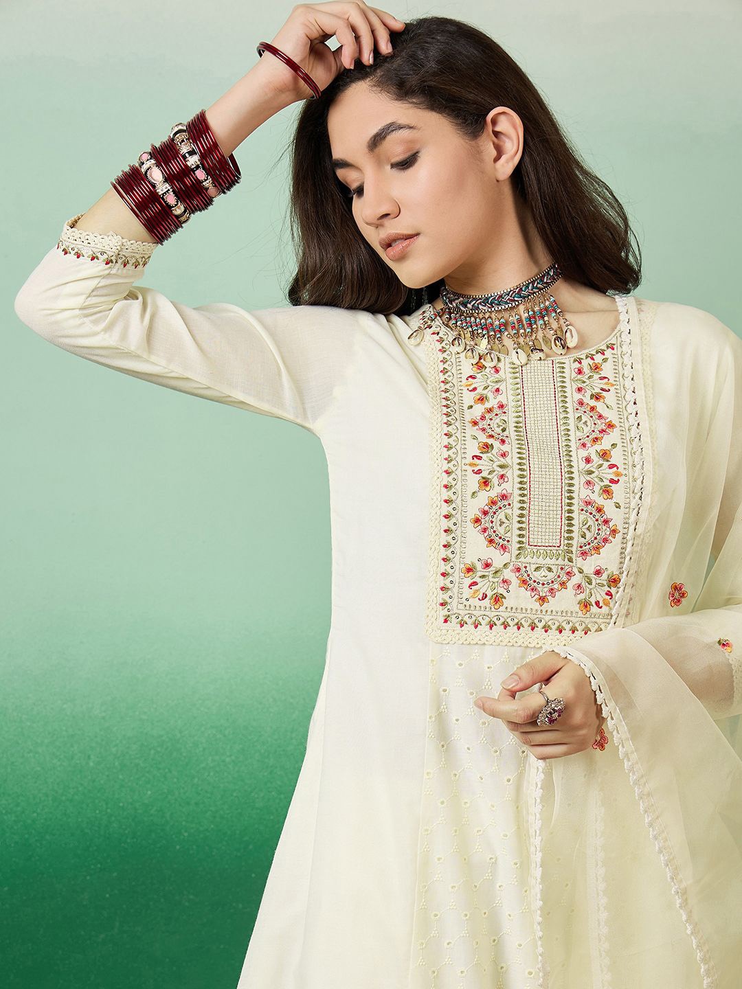 

Sangria Embroidered A-Line Kurta With Trousers & Dupatta, Off white