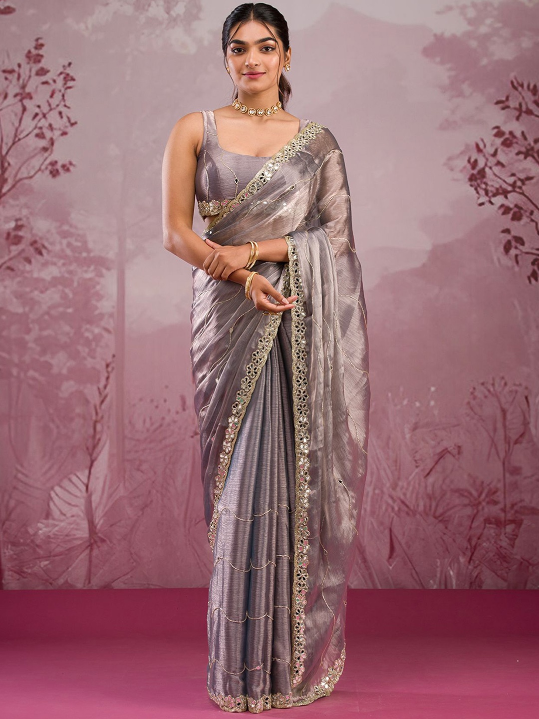 

Koskii Striped Mirror Work Poly Georgette Saree, Grey