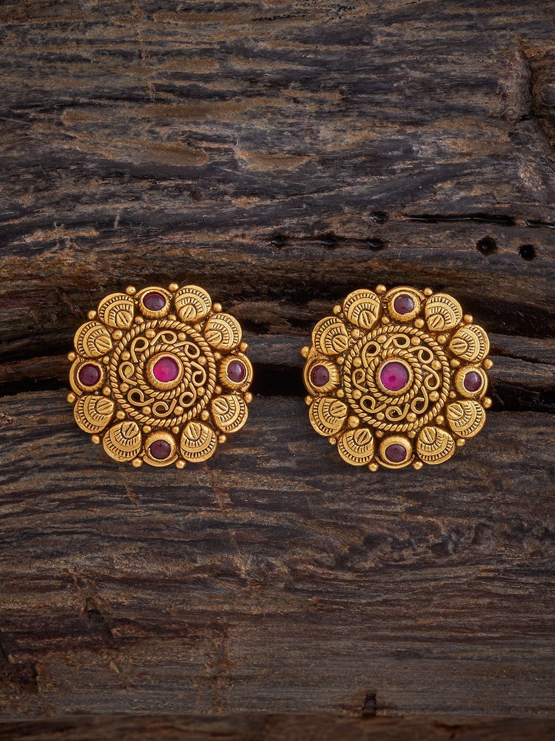 

Kushal's Fashion Jewellery 92.5 Pure Silver Gold-Plated Stone Studded Temple Floral Studs
