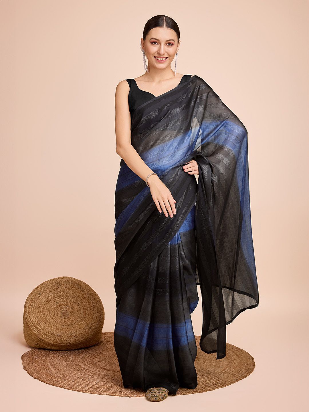 

Sarvada Striped Poly Chiffon Saree With Blouse Piece, Blue