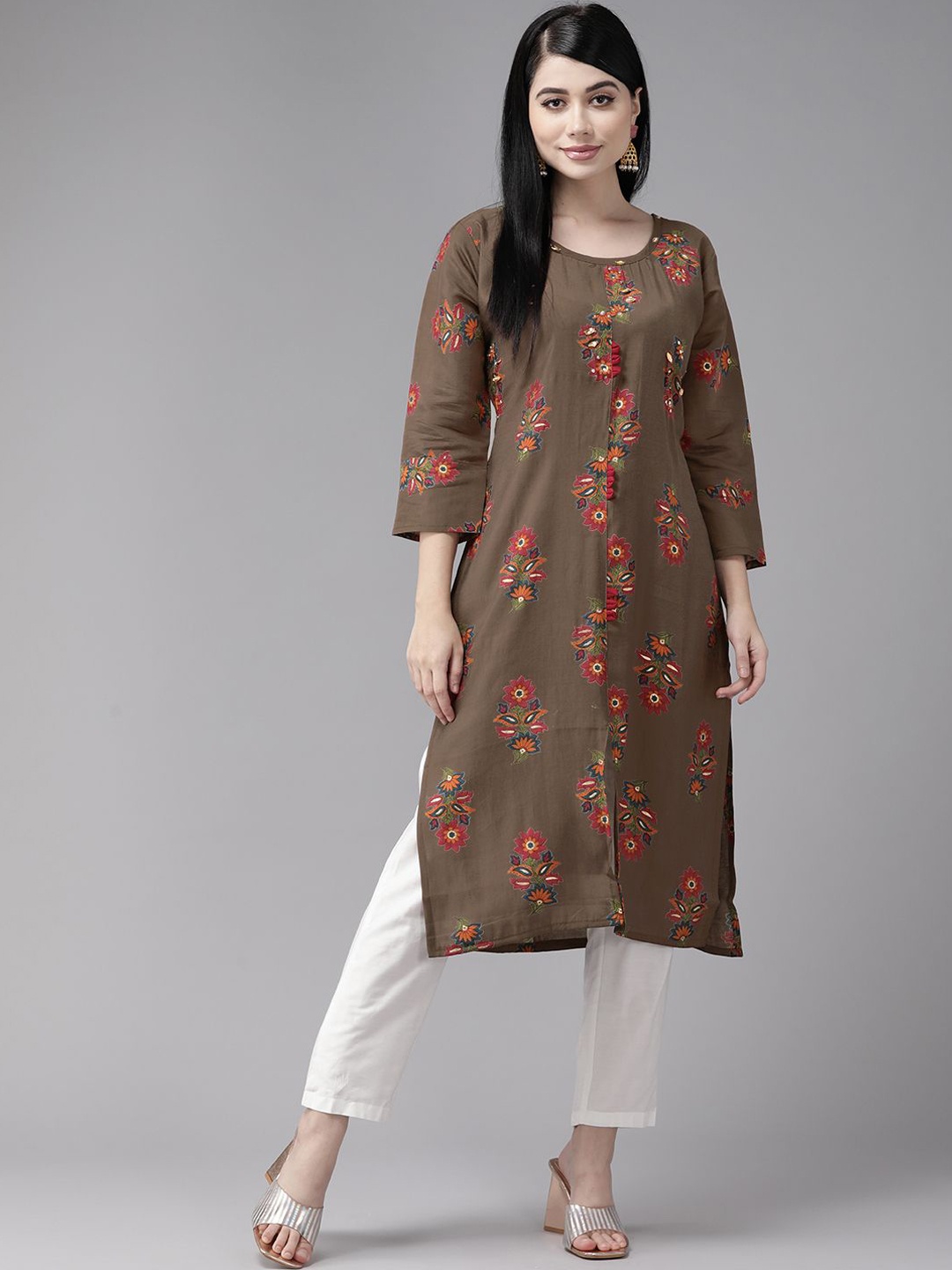 

BAESD Floral Printed Sequins Cotton Straight Kurta, Brown