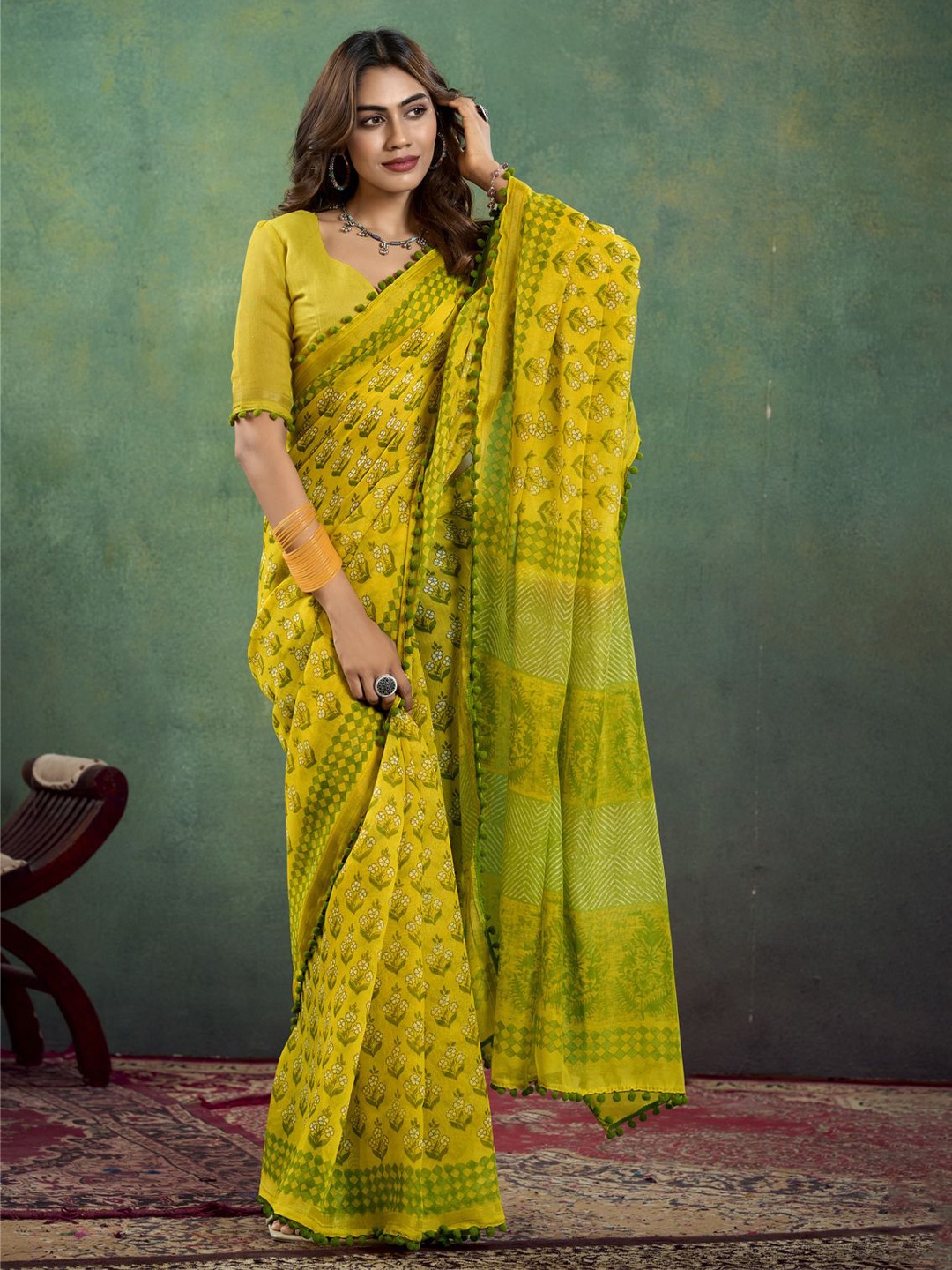 

CHUDIYA Batik Pure Cotton Block Printed Saree, Yellow