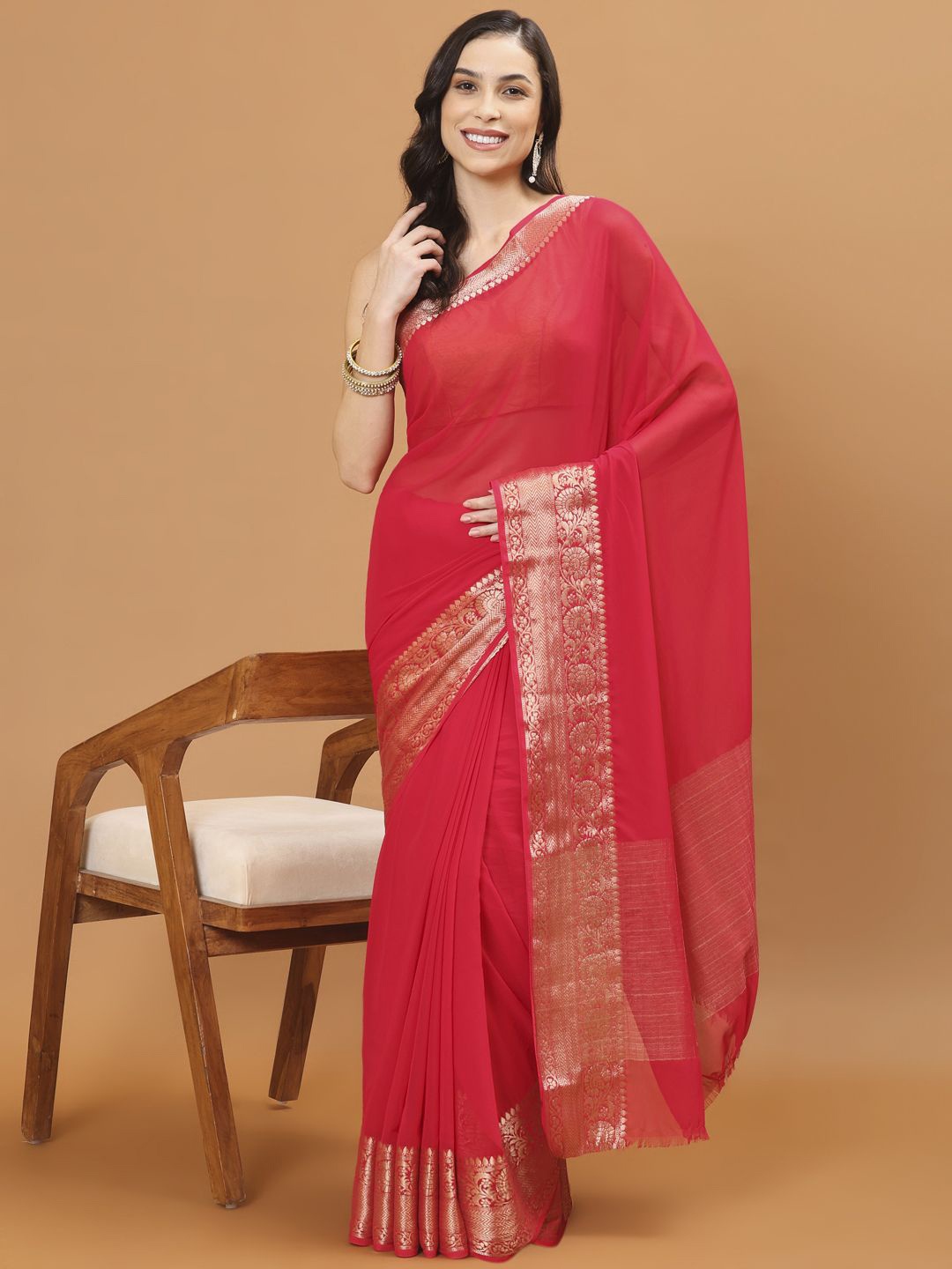 

Meena Bazaar Zari Poly Chiffon Saree, Pink