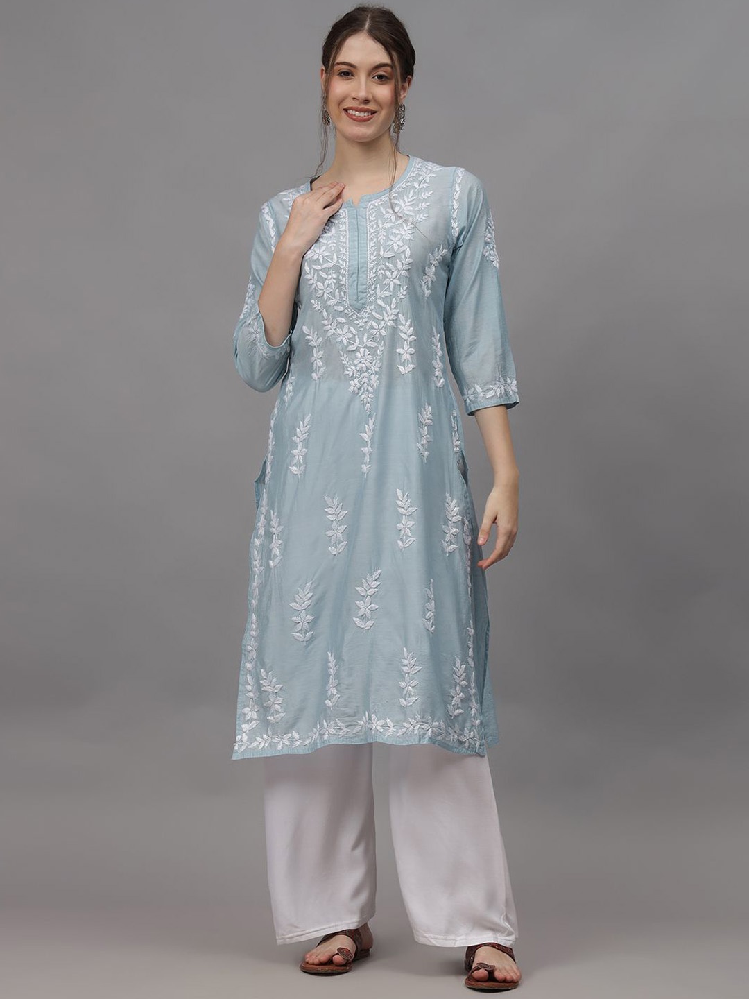 

Seva Chikan Ethnic Motifs Embroidered Chikankari Chanderi Silk Straight Kurta, Steel