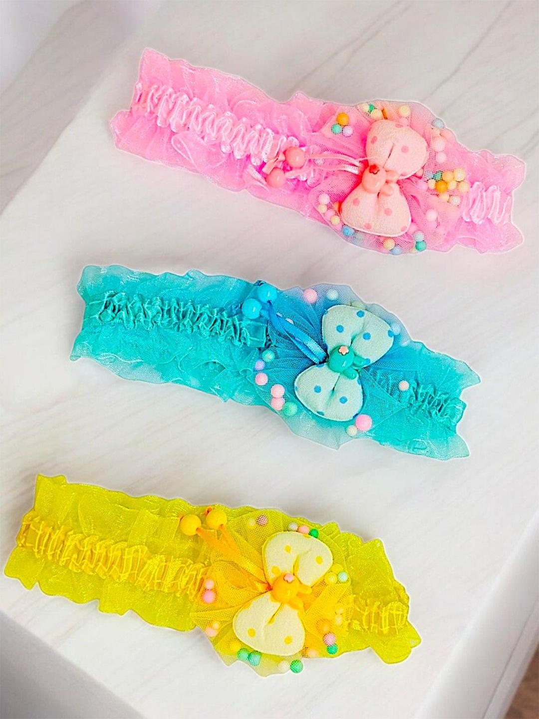 

9blings Girls Set of 3 Lace Bow Hairbands, Yellow