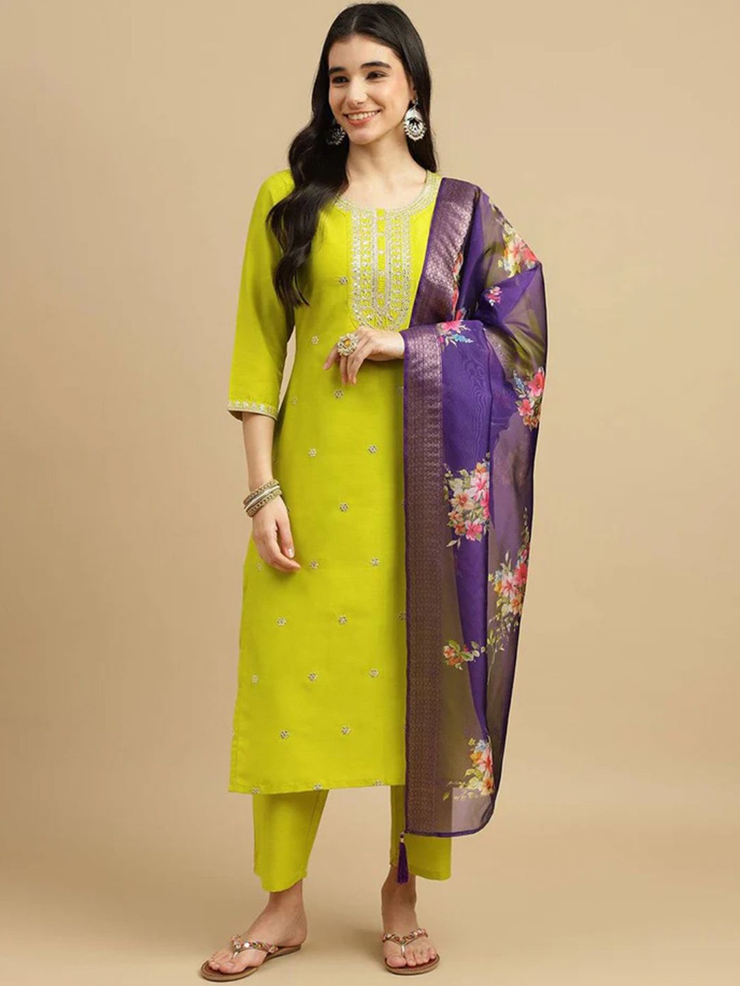

Lilots Floral Embroidered Sequinned Straight Kurta with Trousers & Dupatta, Lime green