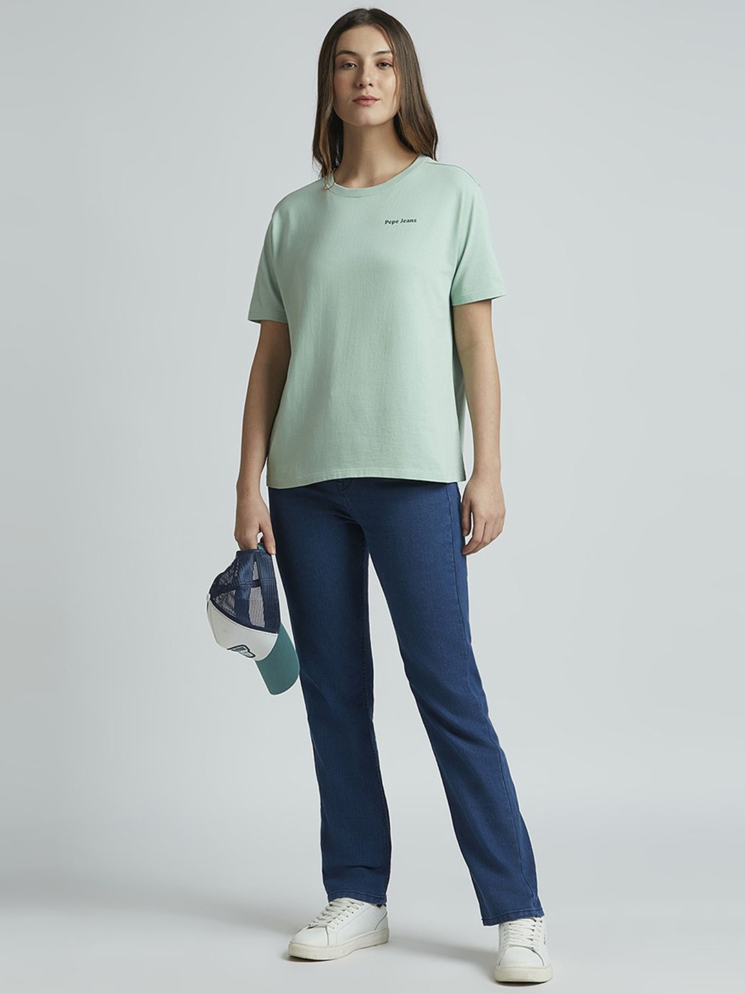 

Pepe Jeans Women Typography Printed Round Neck Pure Cotton T-shirt, Green