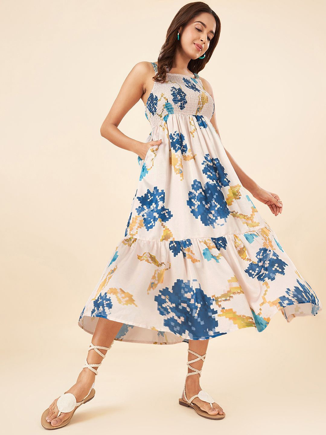 

AKKRITI BY PANTALOONS Printed Tiered A-Line Midi Dress, White