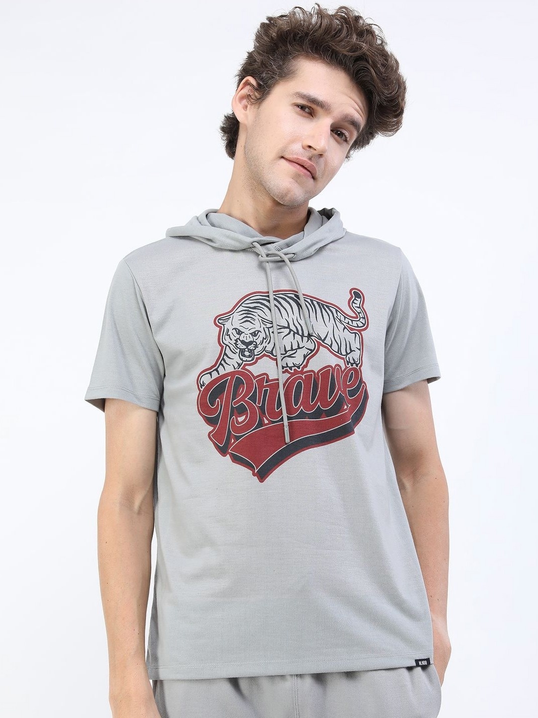 

HIGHLANDER Men Graphic Printed Hooded Slim Fit T-shirt, Grey