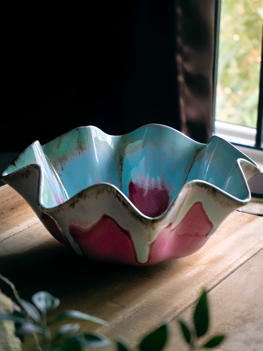 

AMALAFIEE CERAMICS Pink & Blue Textured Ceramic Microwave Safe Matte Serving Bowl
