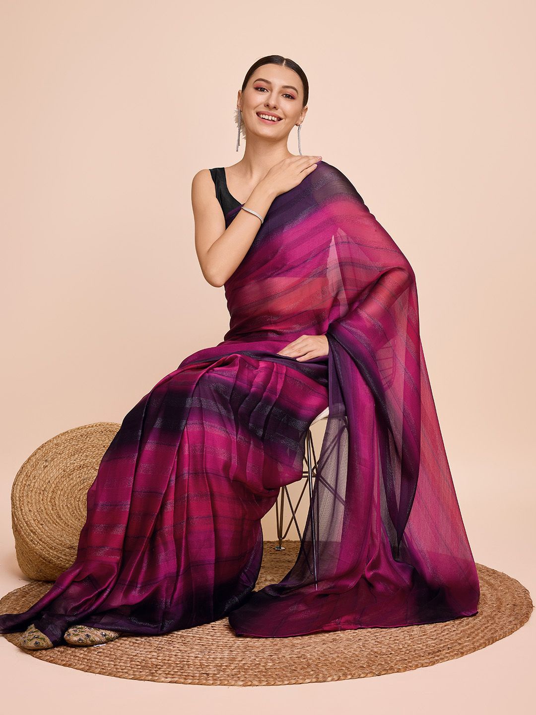 

Sarvada Striped Ombre Saree with Blouse, Pink