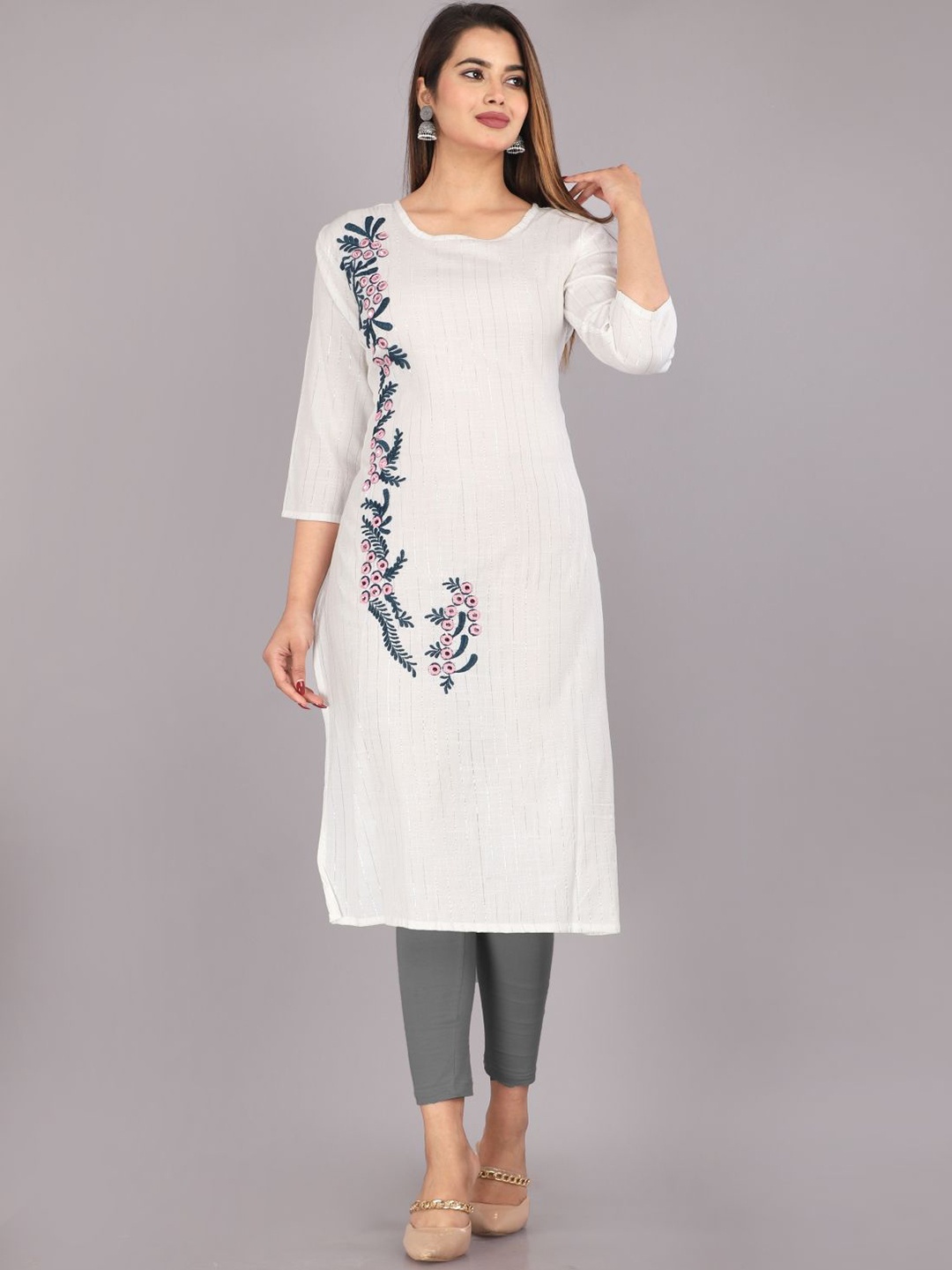 

Mehsoos Floral Embroidered Round Neck Cotton Straight Kurta, White