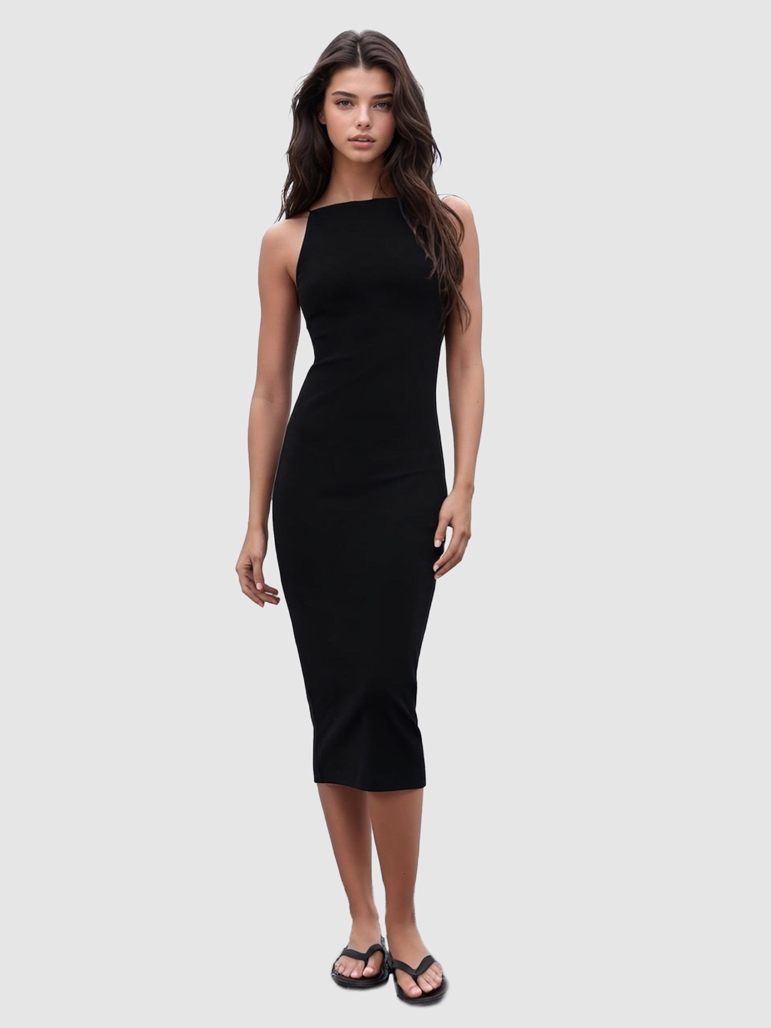

MYWISHBAG Shoulder Straps Bodycon Midi Dress, Black