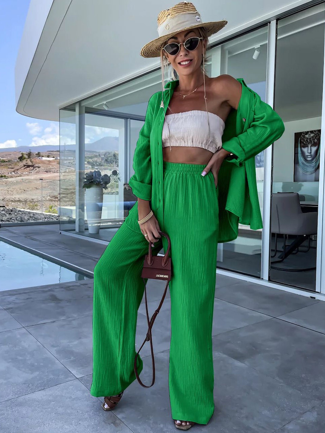 

MIAKEE Women Solid Shirt with Trousers, Green