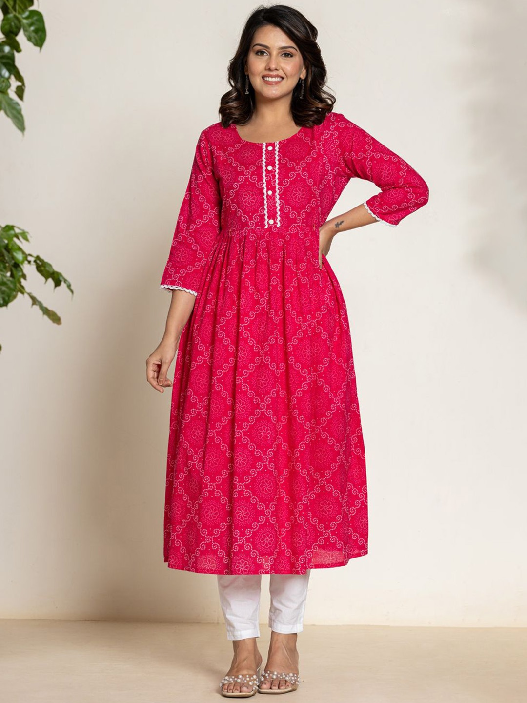 

ROOPWATI FASHION Bandhani Printed Cotton Maternity Anarkali Kurta, Magenta