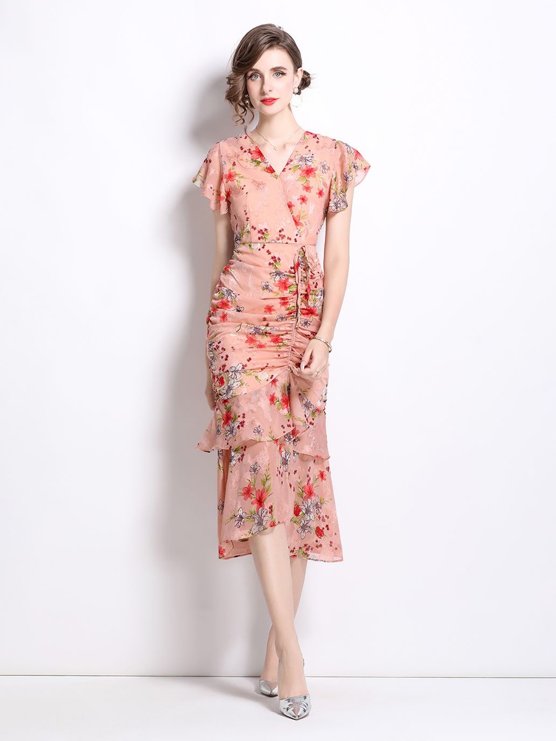 

JC Collection Women Floral Printed Flutter Sleeves A-Line Dress, Pink