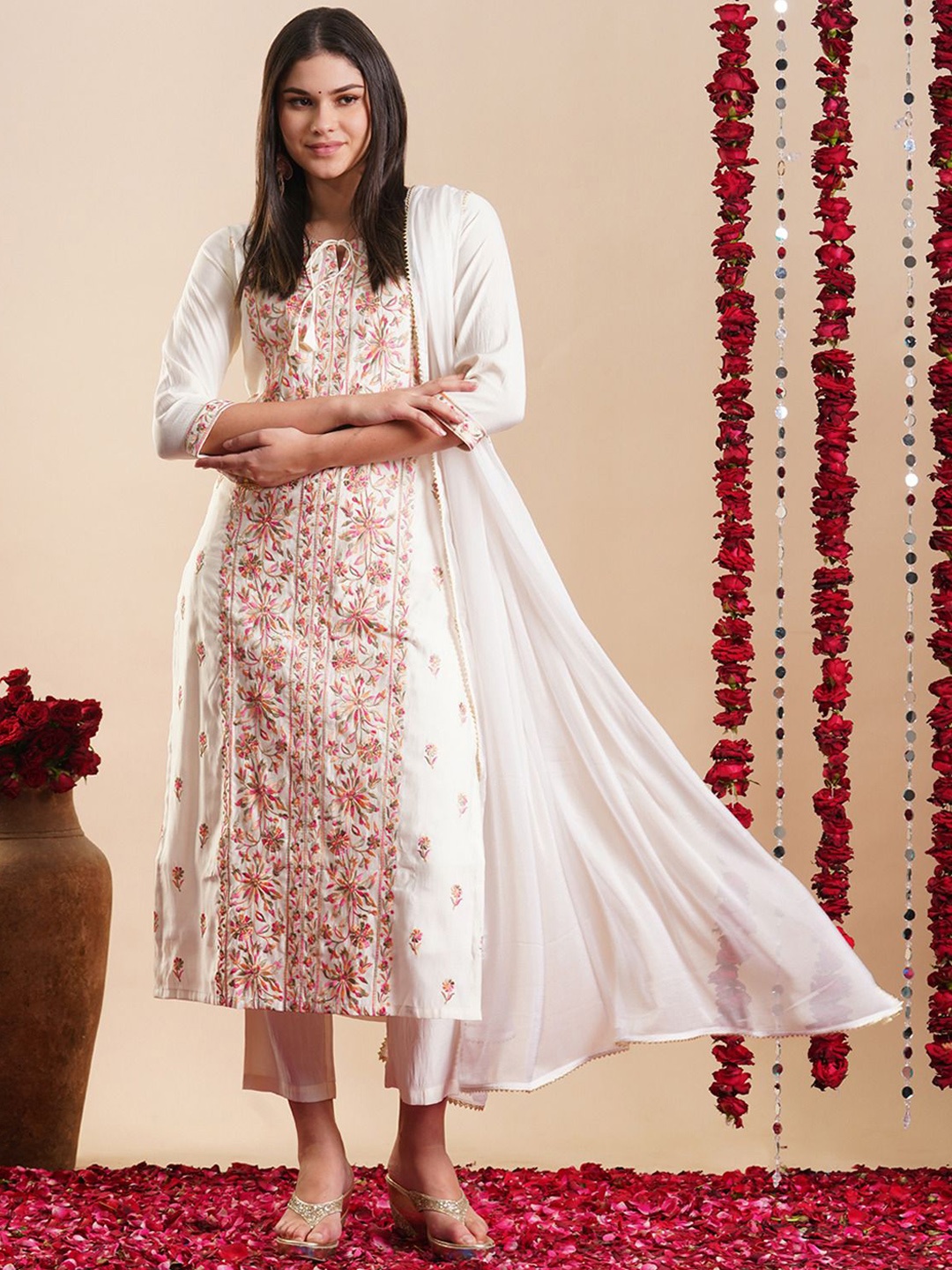 

Anni Designer Floral Embroidered Tie-Up Neck Regular Rayon Kurta & Trousers & Dupatta, White