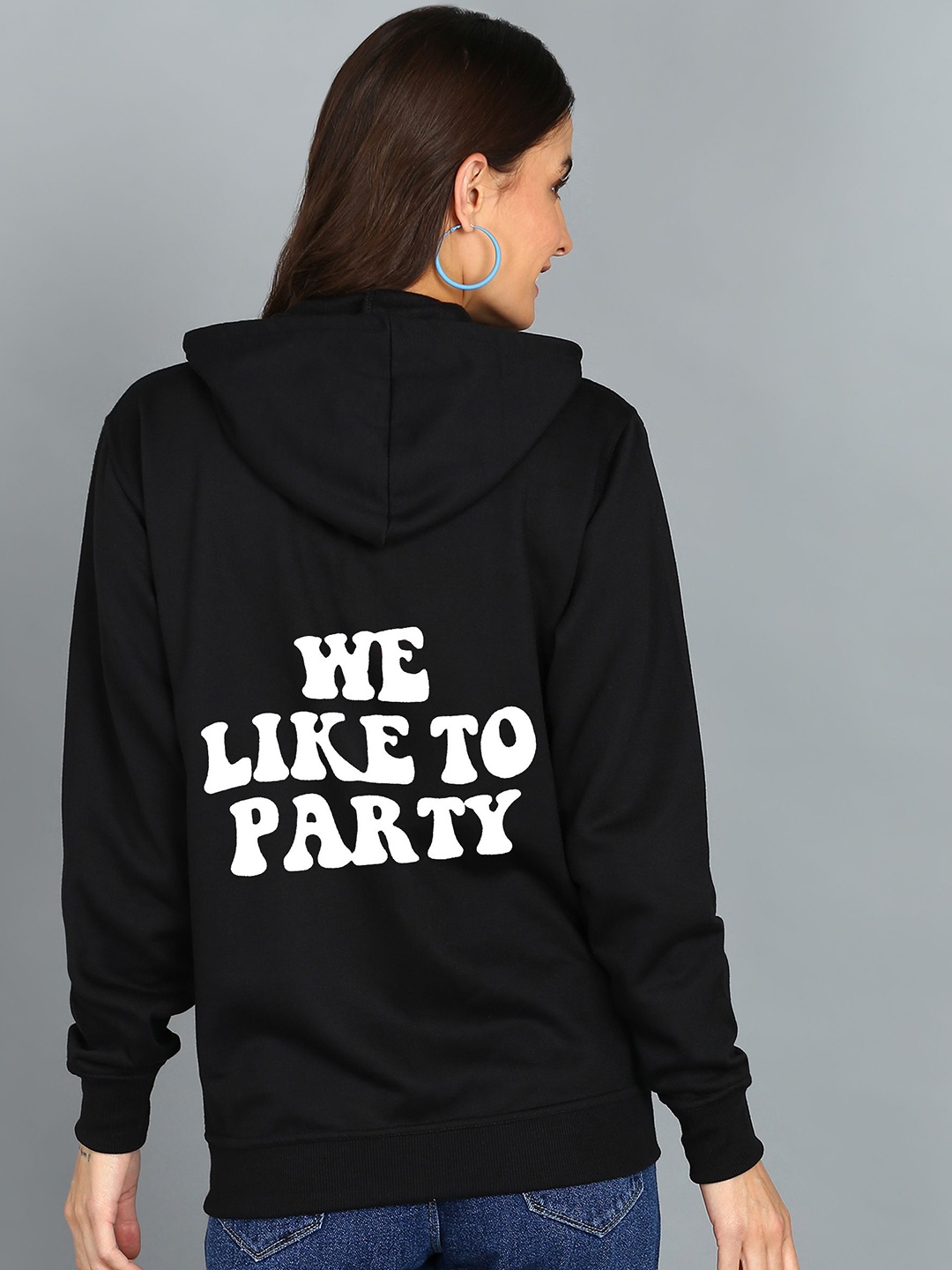 

FALTU.CO Women Typography Printed Zip detail Cotton Hooded Sweatshirt, Black