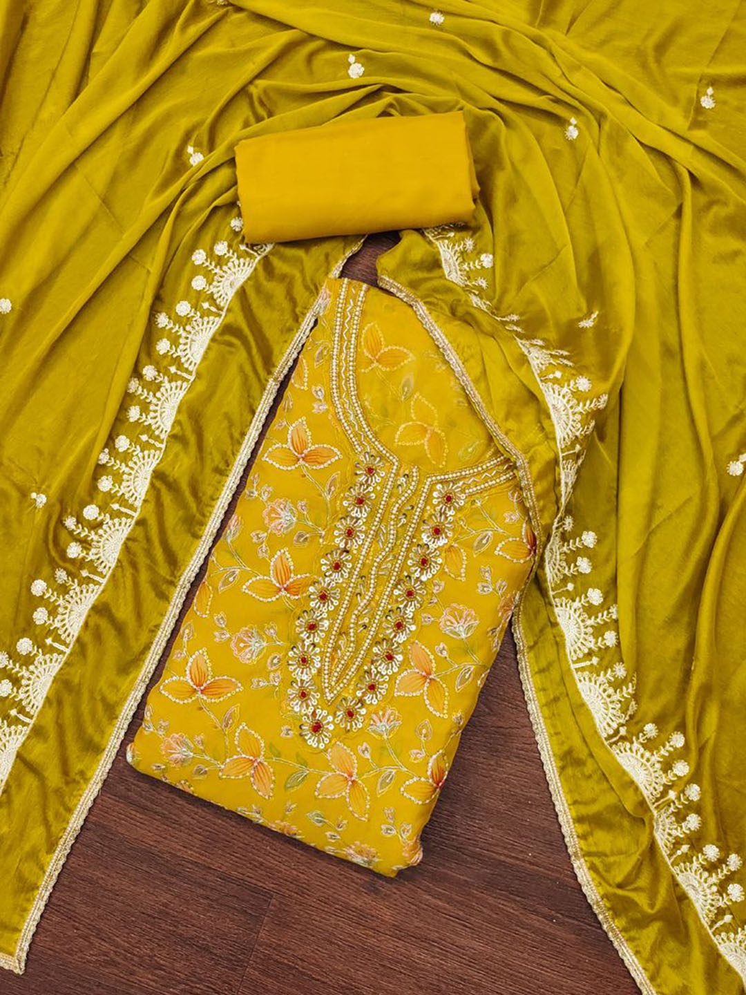 

ASISA Beads and Stones Embroidered Viscose Rayon Unstitched Dress Material, Mustard