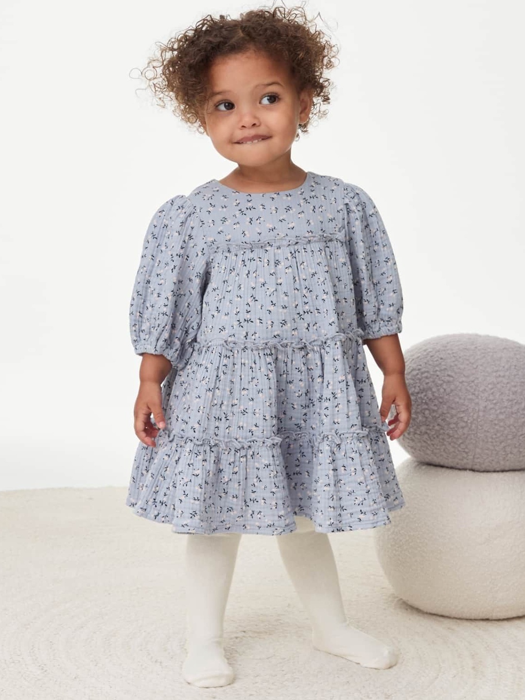 

Marks & Spencer Girls Floral Printed Puff Sleeves Fit and Flare Dress, Grey