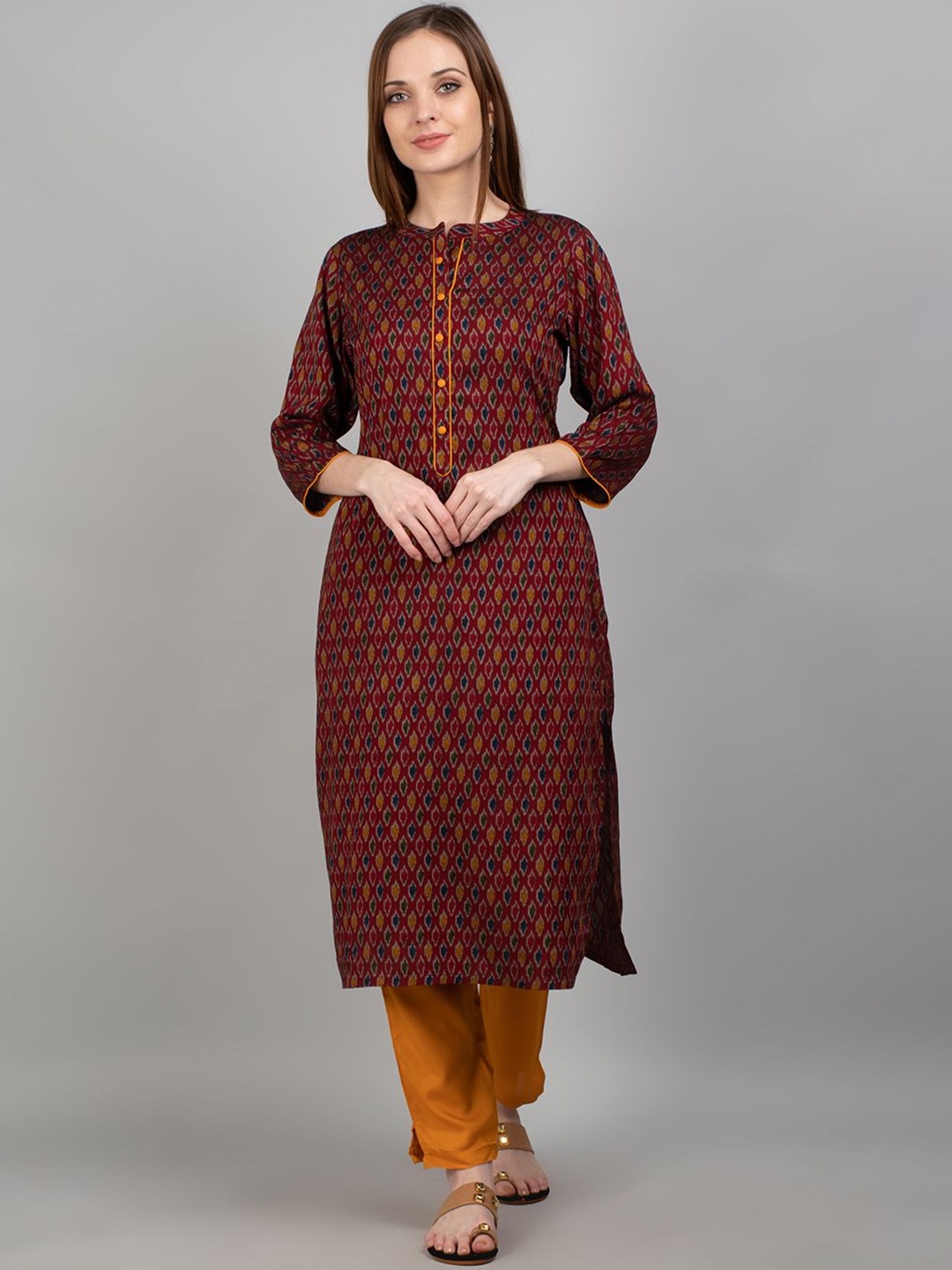 

Shree Geometric Printed Mandarin Collar Regular Liva Kurta With Trousers, Maroon