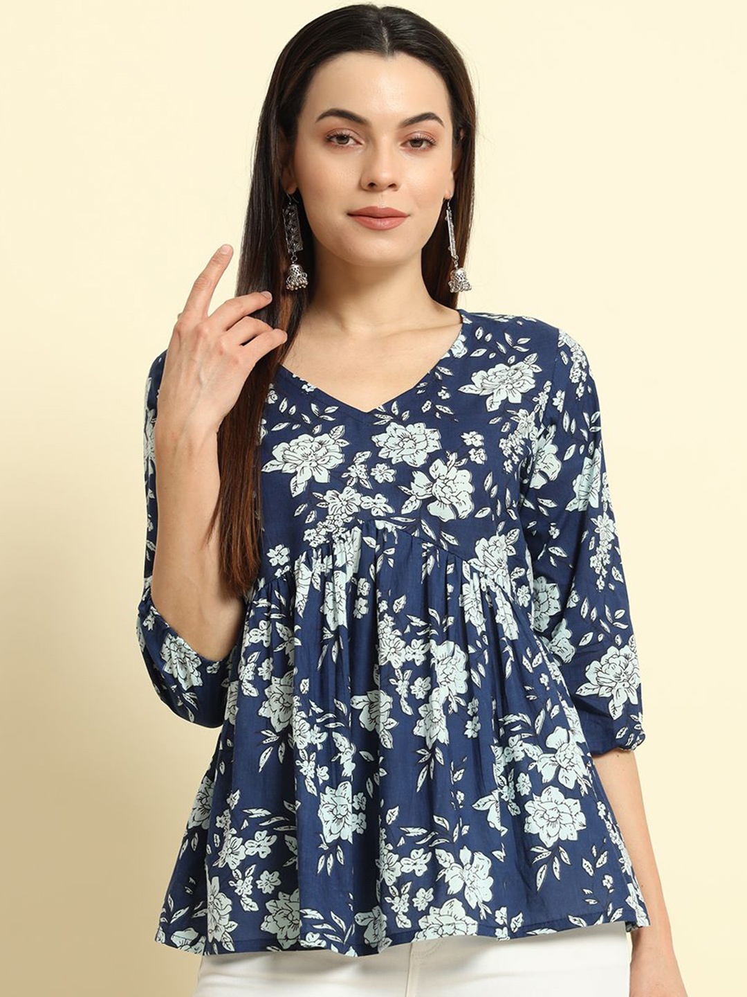 

Sa Rasa Floral Printed Peplum Top, Blue