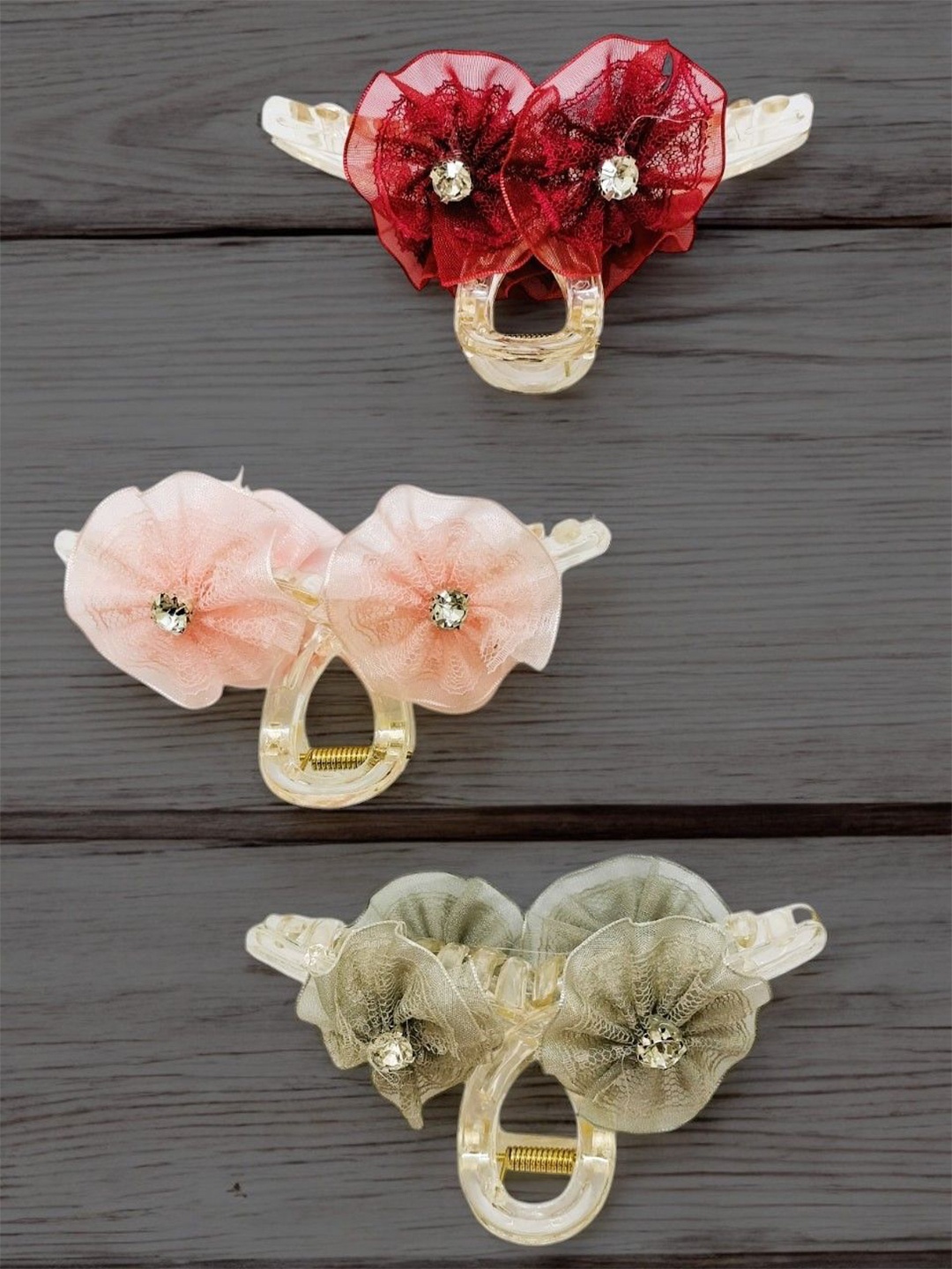 

9blings Women Set of 3 Floral Lace Claw Clips, Pink