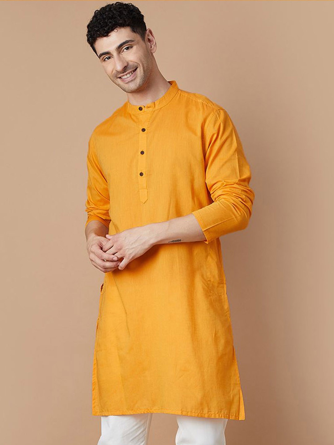 

Melange by Lifestyle Mandarin Collar Cotton Straight Kurta, Yellow