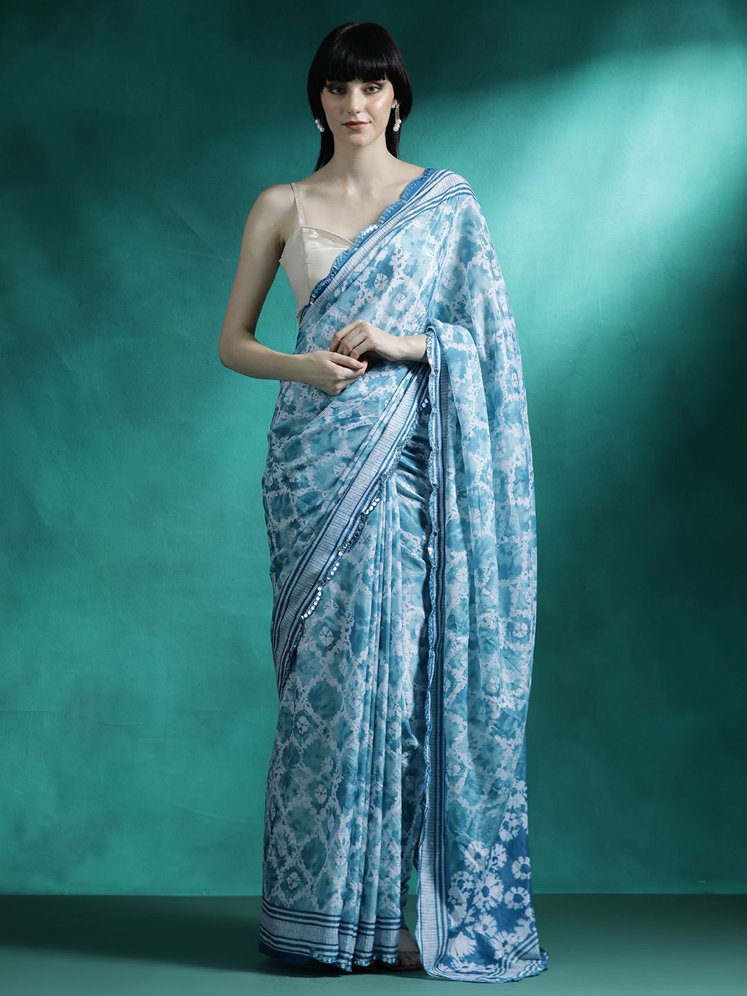 

Sangria Printed & Embroidered Saree With Blouse, Turquoise blue