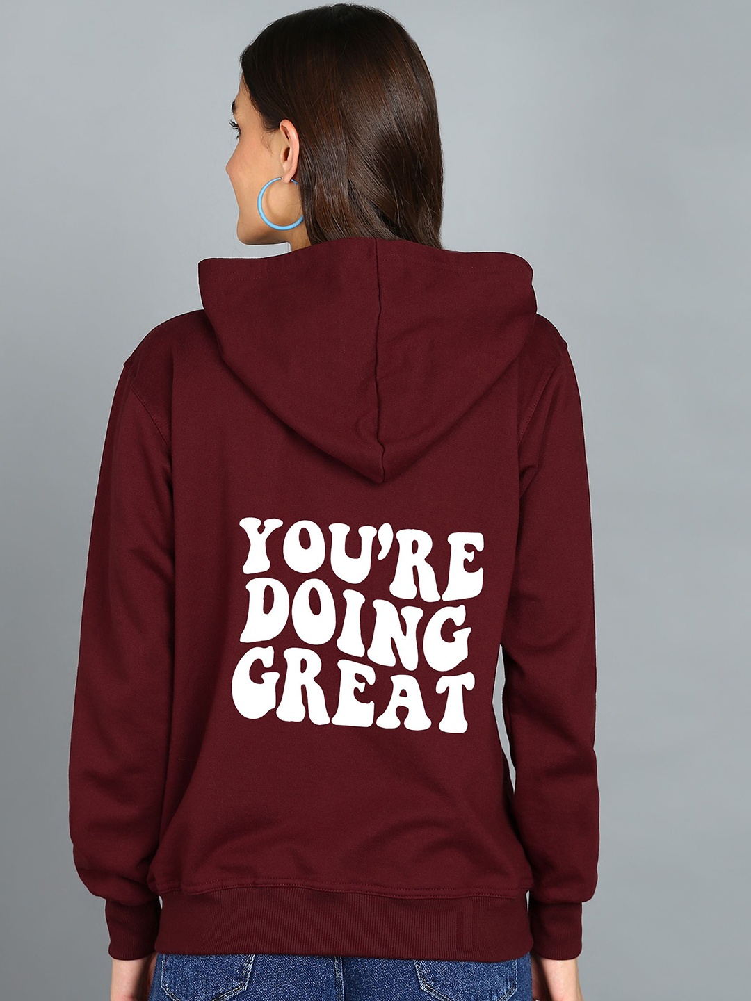 

FALTU.CO Women Typography Printed Hooded Ribbed Cotton Sweatshirt, Maroon