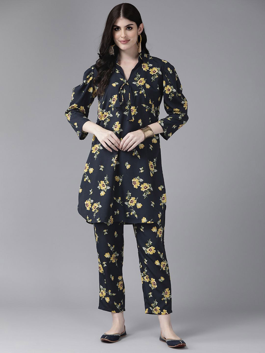 

BAESD Floral Printed Shirt Collar Pure Cotton Kurta with Salwar, Navy blue