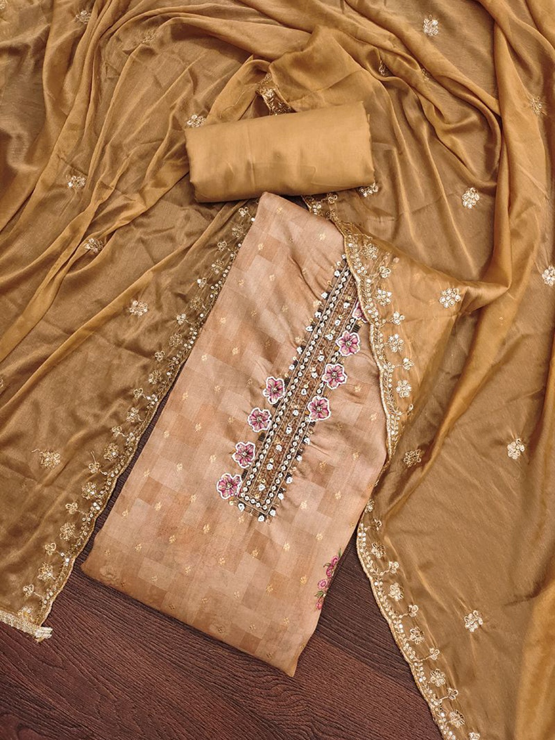 

ASISA Woven Design Beads and Stones Unstitched Dress Material, Beige